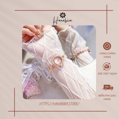 Đồng hồ nữ chống nước mặt số vỏ trai hồng viền đính đá dây kiểu lắc tay thạch anh